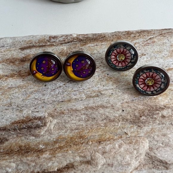 Classic Celestial Stud Earring Set - Moon and Sun Stud Earring Set - Boho Studs - Picture 2 of 12